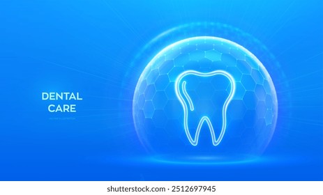 Protección dental. Cuidado dental. Odontología. Cuidado dental. Seguros y servicios dentales. Icono del diente dentro del escudo de la bóveda de la esfera de la protección con el modelo del hexágono en fondo azul. Ilustración vectorial.