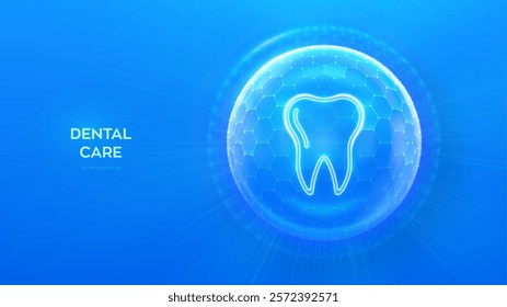 Dental protection. Dental care. Dentistry. Teeth care. Dental insurance and servises. Tooth icon inside protection sphere dome shield with hexagon pattern on blue background. Vector illustration.