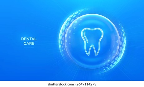 Dental protection. Dental care. Dentistry. Teeth care. Dental insurance and servises. Tooth icon inside protection sphere dome shield with hexagon pattern on blue background. Vector illustration.