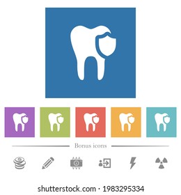 Dental protection flat white icons in square backgrounds. 6 bonus icons included.