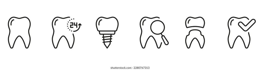 Dental Protection Line Icon Set. Orthodontic Procedure and Diagnostic Linear Pictogram. Tooth Health Checkup. Dentistry Outline Symbol. Dental Treatment. Editable Stroke. Isolated Vector Illustration.