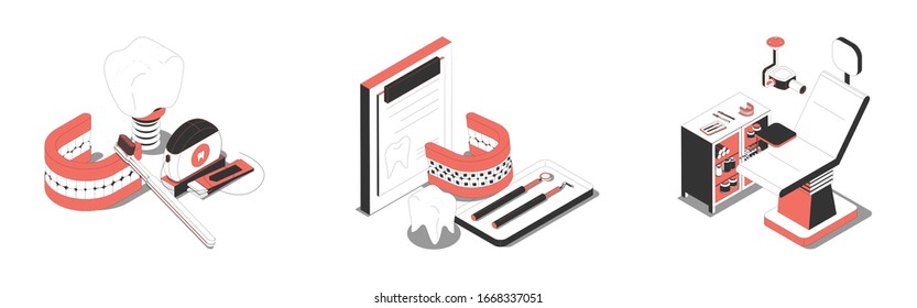 Dental prothesis crown missing teeth reconstruction implant orthodontic chair equipment 3 isometric compositions set isolated vector illustration 