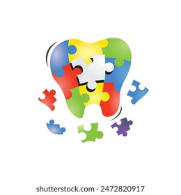 Dental puzzle logo is unique, interesting and funny, both a dentistry logo and a mascot for children's knowledge about teeth