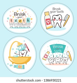 Dental quote - brush your teeth. Stickers with cute smiling cartoon teeth. Stomatology concept. Flat style cartoon character illustration. - Vector