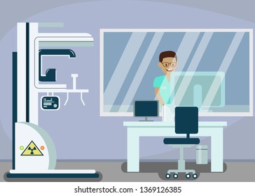 Dental Radiology, X ray Room Vector Illustration. Cheerful Dentist working with Computer Cartoon Character. Teeth Examination, Checkup Equipment, Orthodontic Radiography. Dentistry, Stomatology