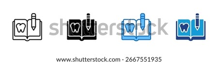 Dental Record Multiple Style Icon Vector Design - An open book with a tooth and pencil, representing dental records, patient notes, and oral health documentation