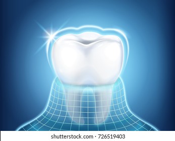 Elemento de design relacionado dental, dente protegido por revestimento invisível com luz de brilho, ilustração 3d