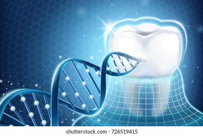 Dental related design element, tooth protected by invisible coat and dna structure in 3d illustration