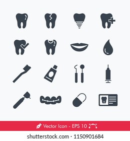 Dental Related Icons / Vectors Set | Contains Such Tooth, Implant, Dental Care, Toothbrush, Paste, Medicine, Drill, Braces, Mouth, Filling, Broken Tooth, Injection and more