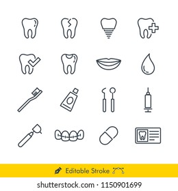 Dental Related Icons / Vectors Set - In Line / Stroke Design | Contains Such Tooth, Implant, Dental Care, Toothbrush, Paste, Medicine, Drill, Braces, Mouth, Filling, Broken Tooth, Injection and more