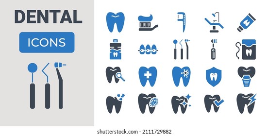 Dental related vector glyph icons set. Included icons dental chair, tooth paste, dental tools, dental floss, caries, toothbrush, toothpaste, toothache, implant. Isolated on white background