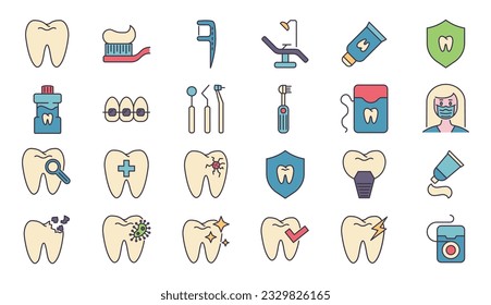 Dental related vector icons set. Included icons dental chair, tooth paste, dental tools, dental floss, caries, toothbrush, toothpaste, toothache, implant. Isolated on white background