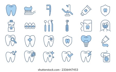 Iconos vectoriales odontológicos. Iconos incluidos silla dental, pasta dental, herramientas dentales, hilo dental, caries, cepillo de dientes, pasta dentífrica, dolor de dientes, implante. Aislado sobre fondo blanco