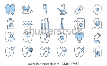 Dental related vector icons set. Included icons dental chair, tooth paste, dental tools, dental floss, caries, toothbrush, toothpaste, toothache, implant. Isolated on white background