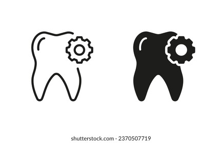 Dental Repair Silhouette and Line Icon Set. Tooth with Gear, Medical Extraction Pictogram. Orthodontic Oral Medicine. Dental Treatment, Dentistry Black Symbol Collection. Isolated Vector Illustration.