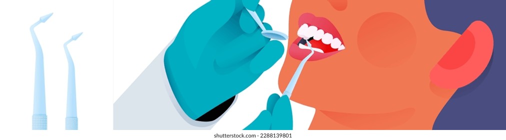 Dental Resin Filler Probe Oral Tool Close Up. Cropped Female Face with Beautiful White Teeth Mouth Open. Cropped Hand Gloves Holding Mouth Mirror, Resin Filler Probe. Modern Flat Vector Illustration.