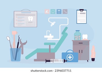 Dental room in dentistry clinic, stomatology. Dentist office interior with furniture, various tools and and instruments. Healthcare, oral care.flat vector illustration