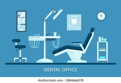 Dental Room Interior With Dentist Chair, Lamp And Drilling Machine Vector Illustration. Hospital Interior With Dentist Workplace. Dental Office Concept. Design  For Banner, Poster. 