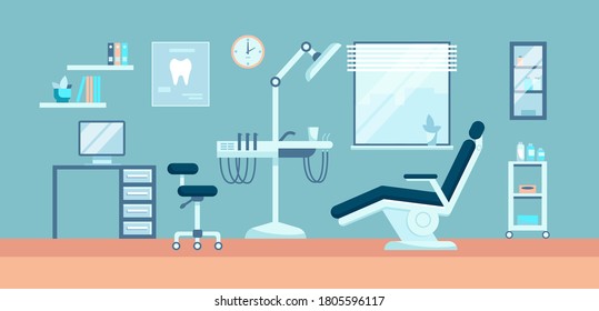 Dental Room Interior With Dentist Chair, Lamp And Drilling Machine Vector Illustration. Clinic With Modern Medical Instrument For Teeth Treatment. Dental Office Concept. Design  For Banner, Poster. 