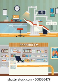 Dental room and pharmacy shop or store. Dentist cabinet for stomatology and teeth care, drug store or shop interior view. Dentistry care and pill sale or retail illustration, orthodontist theme