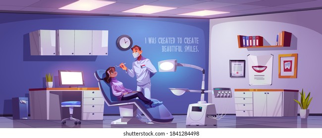 Dental room with woman sitting in chair and doctor. Vector cartoon illustration with dentist and girl patient in stomatology office in clinic or hospital. Tooth treatment and care concept