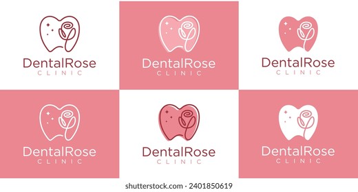 Dental Rose, Beauty Flower Tooth or Fresh Floral Teeth Logo Design for Natural Dental Dentist Dentistry. Dental Icon Symbol Logo Design Template.