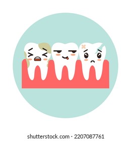 Dental row with dirty healthy and cracked teeth. Teeth with kawaii emotion
