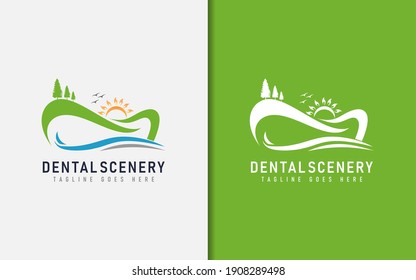 Diseño del logotipo del escenario dental. Escenario Resumen Con Montaña En Forma De Diente. Ilustración del logotipo del vector médico.