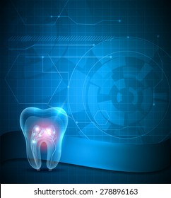 Dental scientific background design, transparent tooth with sparkling roots