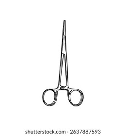 Dental scissors tool - hand-drawn vector line illustration. Professional oral hygiene, dental care, and stomatology concept. Outline-style engraving doodle clipart