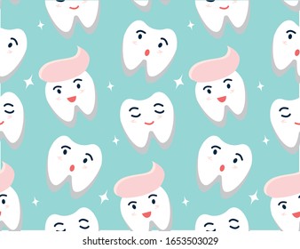 Dental seamless pattern with cartoon teeth characters. Child dentistry concept. flat vector illustration.