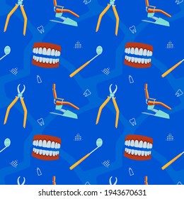 Dental Seamless Pattern with Dental Chair, Nippers, Mouth Mirror, and Dentures.