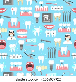 Dental seamless pattern with flat icons of clinic services teeth hygiene tools and equipment for infographics websites and print media. Isolated on blue background. Dental care vector illustration