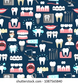 Dental seamless pattern with flat icons of clinic services teeth hygiene tools and equipment for infographics websites and print media. Isolated on blue background. Dental care vector illustration