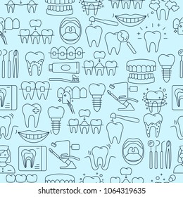 Dental seamless pattern with outline icons of clinic services dentistry orthodontics oral health care hygiene dental instruments equipment. Flat style vector illustration. Isolated on blue background