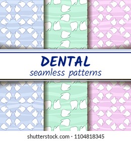 Dental seamless patterns set in blue green and lilac colours