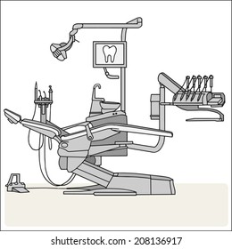 Dental seat with equipment and tools, medical arm-chair vector illustration isolated on white background