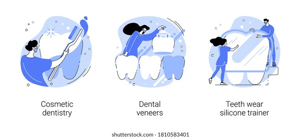 Dental service abstract concept vector illustration set. Cosmetic dentistry, dental veneers, teeth wear silicone trainer, teeth whitening, medical center, orthodontic clinic, smile abstract metaphor.