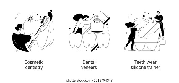 Dental service abstract concept vector illustration set. Cosmetic dentistry, dental veneers, teeth wear silicone trainer, teeth whitening, medical center, orthodontic clinic, smile abstract metaphor.