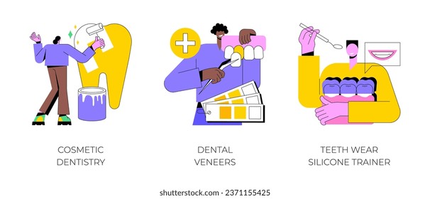 Dental service abstract concept vector illustration set. Cosmetic dentistry, dental veneers, teeth wear silicone trainer, teeth whitening, medical center, orthodontic clinic, smile abstract metaphor.