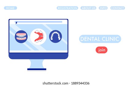 Dental service or clinic banner.Desktop computer and website template.Dental braces, orthodontic retainer and plastic aligner on teeth. Choice concept. Oral surgery and treatment.Vector in flat style