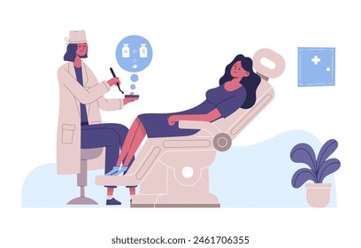 Dental service concept. Tooth examination and treatment. Female patient visiting dentist having toothache. Orthodontic procedure checkup. Medical equipment for hygienic exam vector