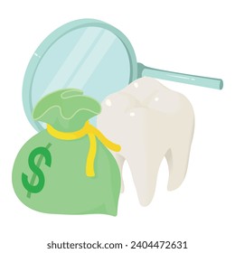 Dental service icon isometric vector. Tooth near money bag and dentist mirror. Dentistry, stomatology, healthcare concept