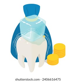 Dental service icon isometric vector. Ice cube on human tooth and money bag icon. Dentistry, stomatology, healthcare concept