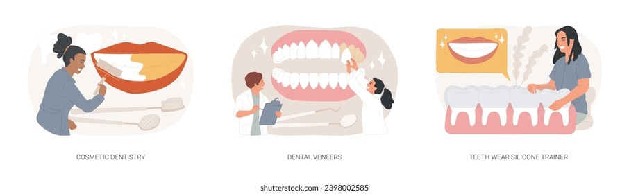 Conjunto de ilustraciones vectoriales de concepto aislado de servicio dental. Odontología cosmética, venenos dentales, dientes con entrenador de silicona, blanqueamiento de dientes, centro médico, clínica ortodoncia, concepto de vector de sonrisa.