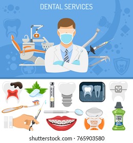 Dental Services banner and infographics with Oral Hygiene and Dental Clinic. Icons in Flat Style Doctor, Dentist Chair, Tooth and Braces. vector illustration