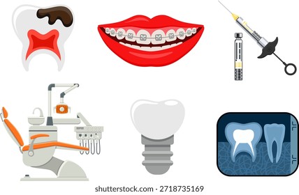 Dental Services Concept Dental Services Concept com ícones planos cadeira de dentista, aparelhos, raio-x, seringa de cartucho, carpula e implante.