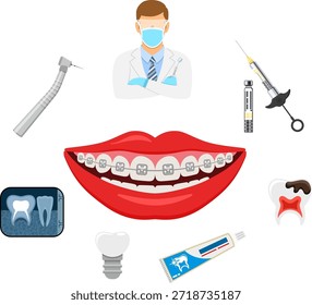 Concepto de servicios dentales Concepto de servicios dentales con iconos planos dentista, aparatos ortopédicos, taladro dental, rayos X, jeringuilla, vial de carpula y dentadura postiza. Ilustración vectorial