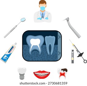 Concepto de servicios dentales con iconos planos dentista, aparatos ortopédicos, taladro dental, rayos X, jeringuilla, vial carpula y dentadura postiza. Ilustración vectorial