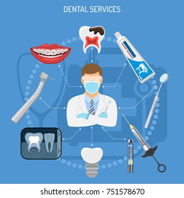 Dental Services Concept with flat icons dentist, braces, dental drill, x-ray, syringe, carpula vial and denture. Vector illustration.